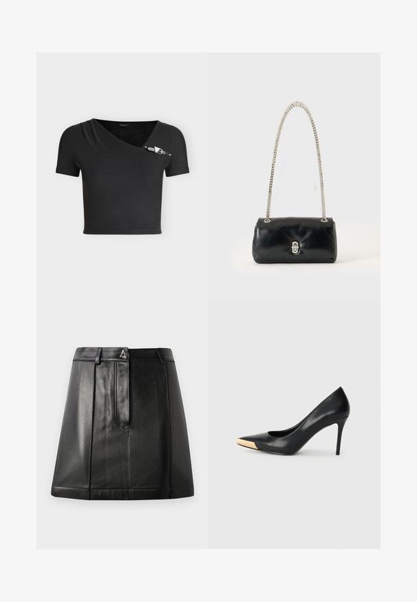 Μαύρο cropped top με κοντά μανίκια, ασύμμετρο ντεκολτέ και μικρή διακοσμητική αγκράφα στον δεξί ώμο.; Μαύρη δερμάτινη φούστα με δομημένο σχήμα, διαθέτει μπροστινή τσέπη και μεταλλική λεπτομέρεια στη μέση. Λείος υφασμάτινος χαρακτήρας και ραφές.; Μαύρη δερμάτινη γόβα με ψηλό τακούνι και μυτερή μύτη. Διαθέτει μεταλλική χρυσή λεπτομέρεια στο καπάκι της μύτης. Λείο επιφάνεια με κομψό σχέδιο.; Μαύρη δερμάτινη τσάντα με ασημένια αλυσίδα και ασημένιο κούμπωμα, τοποθετημένη σε απλό ανοιχτό φόντο.