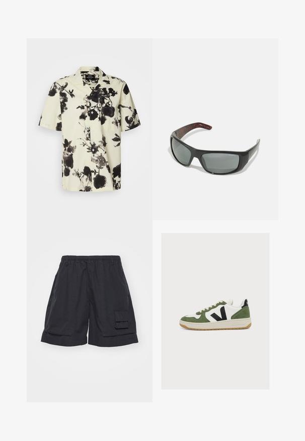 Camisa de manga corta con base crema y patrones florales negros. Hecha de un tejido ligero, tiene un cierre de botones en la parte delantera y un bolsillo en el pecho.; Pantalones cortos cargo negros con una cintura elástica, que cuentan con un bolsillo lateral y un corte holgado. Fabricados con un tejido ligero, de textura suave.; Zapatilla baja blanca y verde con logo negro "V", suela beige y cordones blancos, mostrada de lado sobre un fondo liso.; Arnette HOT SHOT - Gafas de sol - dark grey