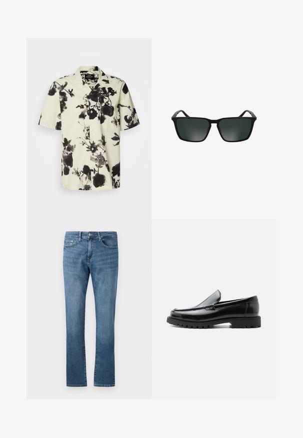 Camisa de manga corta con base crema y patrones florales negros. Hecha de un tejido ligero, tiene un cierre de botones en la parte delantera y un bolsillo en el pecho.; Vaqueros de mezclilla azul de corte recto con diseño clásico de cinco bolsillos y cierre de botón, mostrados sobre fondo blanco.; Mocasín de cuero negro con suela de goma gruesa, empeine cosido y nombre de la marca en relieve en el talón, mostrado en perfil lateral sobre fondo blanco.; Gafas de sol rectangulares negras con lentes oscurecidas y patillas ligeramente curvadas sobre un fondo blanco.