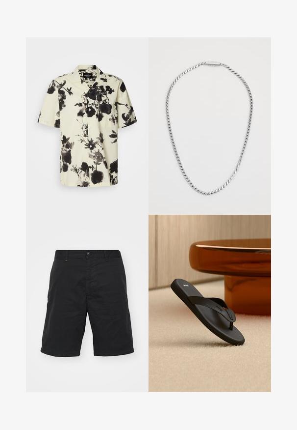 Camisa de manga corta con base crema y patrones florales negros. Hecha de un tejido ligero, tiene un cierre de botones en la parte delantera y un bolsillo en el pecho.; Pantalones cortos negros hechos de una tela ligera, con cierre de botón, lazos para cinturón y un corte recto. Diseño simple sin patrones visibles.; Sandalia tipo flip-flop negra de BOSS sobre una alfombra beige con una gran mesa redonda de color ámbar al fondo.; Collar de cadena retorcida de plata con una textura suave, que presenta un diseño de cierre simple. La cadena tiene un grosor uniforme en toda su longitud.