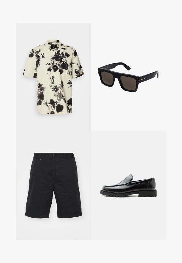 Camisa de manga corta con base crema y patrones florales negros. Hecha de un tejido ligero, tiene un cierre de botones en la parte delantera y un bolsillo en el pecho.; Pantalones cortos negros hechos de una tela ligera, con cierre de botón, lazos para cinturón y un corte recto. Diseño simple sin patrones visibles.; Mocasín de cuero negro con suela de goma gruesa, empeine cosido y nombre de la marca en relieve en el talón, mostrado en perfil lateral sobre fondo blanco.; Gafas de sol cuadradas negras con lentes oscuros, con detalles en tono dorado en las varillas y una textura de plástico suave.