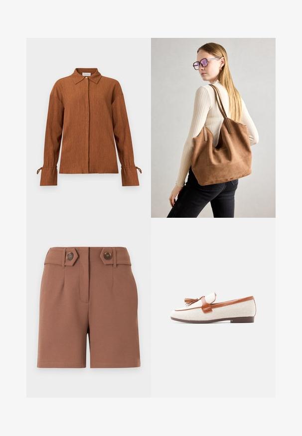 Blouse marron à manches longues texturée, avec col pointu, boutons cachés à l’avant et poignets noués sur fond uni.; Shorts marron taille haute avec une fermeture avant dissimulée, des passants pour ceinture et deux boutons décoratifs marron sur des pattes inclinées à la taille.; Mocassin pour femme à enfiler avec tissu beige, garniture en cuir marron, détail de pompon, et semelle plate marron, vu de profil sur fond blanc.; Sac fourre-tout en daim marron avec une texture douce, grande ouverture et longues sangles. Présente un design simple avec des coutures visibles et sans matériel.