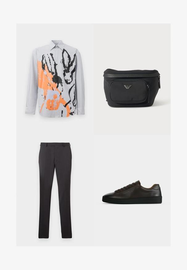 Gestreepte overhemd met een abstract oranje en zwarte design met dieromtrekken en hedendaagse penseelstreekaccenten.; Donkergrijze op maat gemaakte broek met een recht model, gemaakt van een gladde stof, met riemlussen en zijzakken.; Low-profile donkerbruine leren sneaker met zwarte rubberen zool, veters aan de voorkant en een strak minimalistisch design op een lichte achtergrond.; Zwarte heuptas met voorvak met rits en zilveren adelaarlogo, gladde stof met gestructureerde afwerking en ritstrekker.