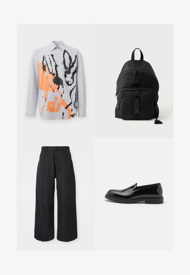 Gestreifte Button-up-Bluse mit einem abstrakten Design in Orange und Schwarz, das Tierumrisse und zeitgenössische Pinselstrichakzente zeigt.; Schwarze, weite Beinkleider aus Canvasmaterial mit Knopfverschluss, zwei vorderen Taschen und einem lockeren Schnitt.; Schwarzer Lackleder-Slipper mit runder Zehenpartie, verfügt über eine strukturierte Sohle und dezentes Branding an der Ferse. Glatte Oberflächenstruktur.; Schwarzer Moschino Rucksack mit oberem Griff, Front-Reißverschlusstasche und sichtbarem Logo am Fronttaschenriemen vor einem einfarbigen hellen Hintergrund.