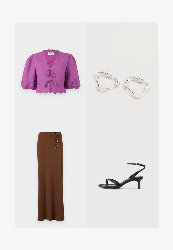 Blouse courte violette avec manches bouffantes, bords festonnés et deux fermetures à nouer à l'avant avec des accents de perles en bois.; Jupe longue marron avec une taille haute et un détail lacé avec œillets dorés et breloques sur le côté droit.; Sandale pour femme en cuir noir avec fines lanières, une boucle d'orteil, une boucle à la cheville et un talon aiguille de hauteur moyenne sur un fond neutre.; Boucles d'oreilles créoles en métal argenté de forme irrégulière avec fermoirs à tige, posées sur une surface blanche unie.