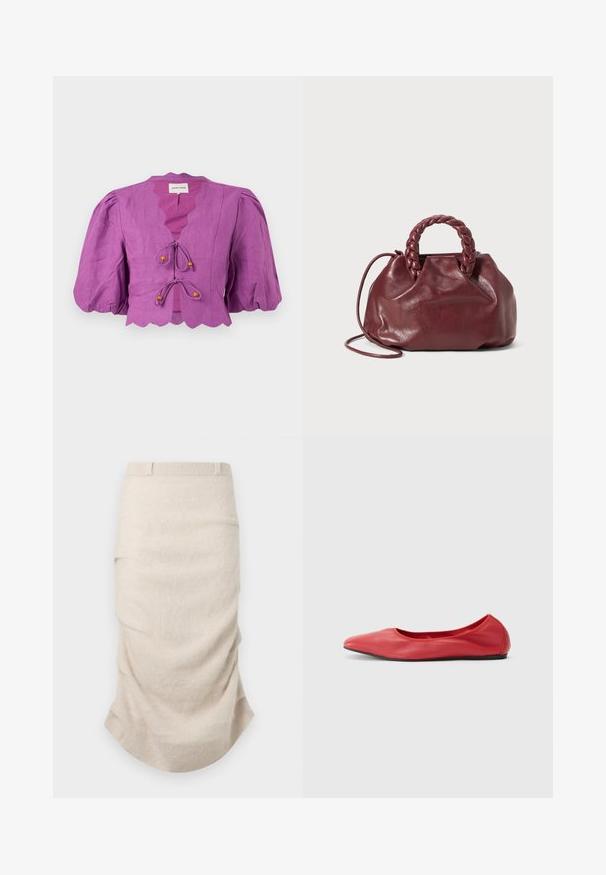 Blouse courte violette avec manches bouffantes, bords festonnés et deux fermetures à nouer à l'avant avec des accents de perles en bois.; Jupe beige longueur genou, en tissu doux, avec des détails plissés et une texture lisse. Taille élastique pour un ajustement parfait.; Filippa K REY FLATS - Ballerines - bright red; Sac à main en cuir bordeaux avec une anse tressée, texture douce et forme arrondie. Dispose d'une bandoulière amovible pour plus de polyvalence.