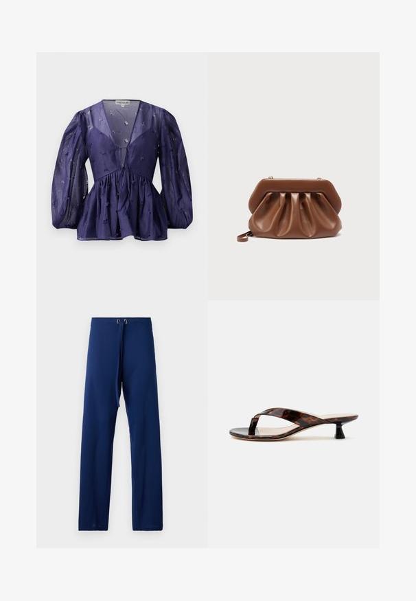 Dunkelblaue Bluse aus durchsichtigem Stoff, mit V-Ausschnitt und voluminösen Ärmeln. Sie hat eine geraffte Taille mit floralen Stickereien in der gesamten Bluse.; Marineblaue Hose mit lockerer Passform, aus glattem Stoff gefertigt. Verfügt über einen Kordelzugbund und goldfarbene Ösen zur Anpassung.; Braune Schildpatt-Kitten-Heel-Sandale mit Zehensteg und quadratischer Spitze auf einfachem hellen Hintergrund.; Braune Leder-Clutch mit gerafftem Design und strukturiertem Rahmen oben, ausgestattet mit einem kleinen Handgelenksriemen und goldfarbenen Verschlussdetails.