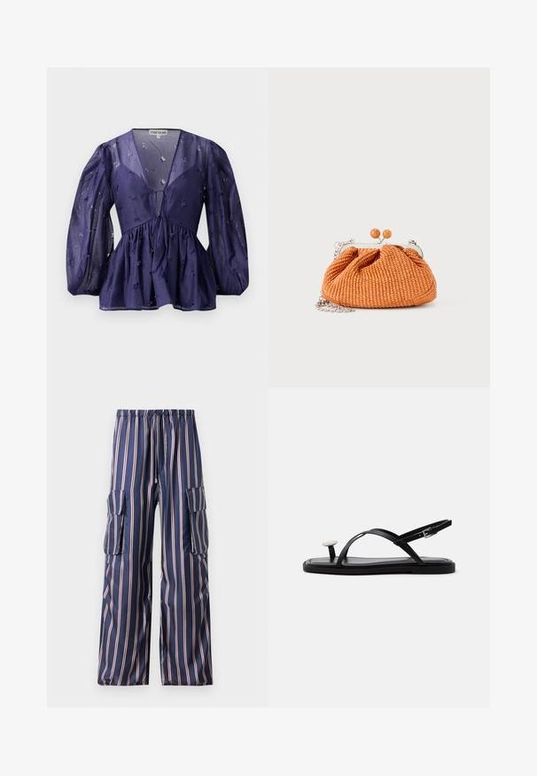 Dunkelblaue Bluse aus durchsichtigem Stoff, mit V-Ausschnitt und voluminösen Ärmeln. Sie hat eine geraffte Taille mit floralen Stickereien in der gesamten Bluse.; Marine gestreifte Cargo-Hose aus glattem Stoff, mit elastischem Bund, seitlichen Taschen und weitem Bein mit kontrastierenden Streifen.; Schwarze flache Sandale mit dünnen gekreuzten Riemen, Knöchelverschluss und einer großen runden weißen perlenähnlichen Verzierung über dem Zehensteg.; Kleine orangefarbene gewebte Clutch-Handtasche mit silbernem Metallrahmen, rundem Verschluss und silberner Kettenriemen auf weißem Hintergrund.