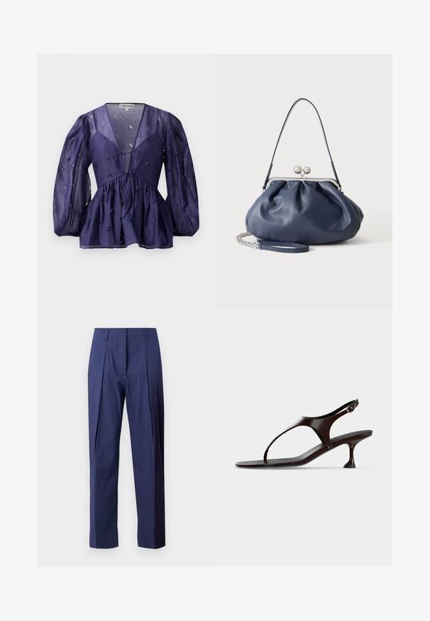 Blouse bleu marine en tissu transparent, décolleté en V et manches bouffantes. Présente une taille froncée avec des accents de broderie florale.; Pantalon bleu marine en tissu léger, avec une coupe droite, des plis à l'avant et une texture lisse.; Sandale slingback en cuir verni marron foncé avec petit talon et bride entre les orteils sur fond blanc.; Sac à main en cuir bleu marine doux avec fermeture à boucle argentée, une seule bandoulière, et une chaîne de poignet amovible sur fond blanc.