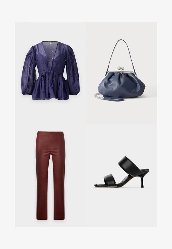 Dunkelblaue Bluse aus durchsichtigem Stoff, mit V-Ausschnitt und voluminösen Ärmeln. Sie hat eine geraffte Taille mit floralen Stickereien in der gesamten Bluse.; Weinrote Hose aus Kunstleder mit engem Schnitt, glatter Textur, geradem Bein und ohne sichtbare Beschläge oder Akzente.; Schwarze Leder-Mule-Sandale mit zwei breiten Riemen und einem schlanken, mittelhohen Stilettoabsatz auf einem schlichten hellen Hintergrund.; Weiche navyblaue Ledertasche mit silberner Verschlussklammer, einem einzelnen Schulterriemen und abnehmbarem Ketten-Handgelenksriemen auf weißem Hintergrund.