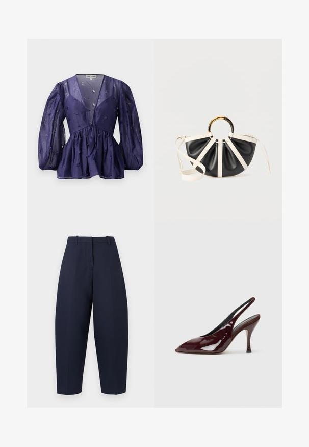 Dunkelblaue Bluse aus durchsichtigem Stoff, mit V-Ausschnitt und voluminösen Ärmeln. Sie hat eine geraffte Taille mit floralen Stickereien in der gesamten Bluse.; Marineblaue Hose mit maßgeschneidertem Design, weiter Bein-Silhouette, Falten und Gürtelschlaufen. Hergestellt aus einem glatten, strukturierten Stoff.; NEOUS HAMAL - High Heel Pumps - dark chocolate; Schwarz-weiße, halbkreisförmige Handtasche mit Falten, einem runden Griff aus Schildpatt und Gold sowie einem weißen, verstellbaren Schulterriemen.