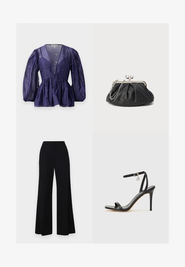 Dunkelblaue Bluse aus durchsichtigem Stoff, mit V-Ausschnitt und voluminösen Ärmeln. Sie hat eine geraffte Taille mit floralen Stickereien in der gesamten Bluse.; Schwarze weit geschnittene Hose mit hohem Bund, glattem Stoff und klaren Linien. Keine sichtbaren Beschläge oder Muster.; Schwarze High-Heel-Sandale mit schmalem Knöchelriemen, quadratischer Zehenbox, glattem Leder und metallischem Schnallenakzent.; Schwarze Leder-Clutch mit geraffter Textur, silberfarbener Metallrahmen, Druckverschluss und Kettenriemen. Glatte, weiche Oberfläche.