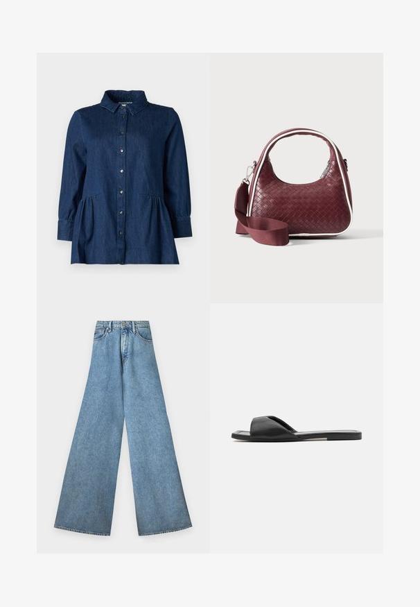 Mørk denimskjorte med krave, knaplukning foran, lange ærmer og indsamlede peplum-detaljer ved taljen. Glat tekstur og klassisk design.; Good American PANELED WIDE LEG - Wide leg - indigo; Sorte slidesandaler har et glat syntetisk materiale, åben tå-designet og en flad sål med en minimal dekorationsstribe på siden.; Mørkerød vævet lædertaske med buet hank, hvid kant, sølv lynlås og aftagelig bred stofskulderrem mod en ensfarvet baggrund.