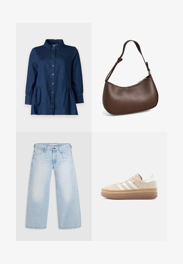 Chemise en denim foncé avec col, boutonnage sur le devant, manches longues et détails froncés style basque à la taille. Texture lisse et design classique.; Jean large bleu clair en denim. Présente une coupe droite, un design à cinq poches et une fermeture par bouton à la taille.; Baskets en daim beige avec accents en cuir blanc, présentant trois rayures blanches, un logo doré et une semelle en caoutchouc épaisse et translucide.; Petit sac bandoulière en cuir marron avec sangle réglable et fermeture éclair, présenté sur fond blanc. Aucun logo ou décoration visible.