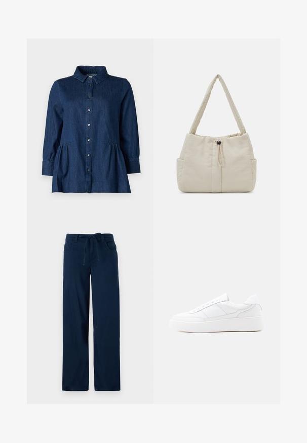 Chemise en denim foncé avec col, boutonnage sur le devant, manches longues et détails froncés style basque à la taille. Texture lisse et design classique.; Pantalons larges bleu marine en mélange de coton, dotés d'une taille à cordon de serrage, de deux poches avant et d'une texture lisse.; Baskets basses blanches avec semelle épaisse, design à lacets et détails de couture subtils sur un fond clair uni.; Even&Odd by Zalando Sac à main - off-white