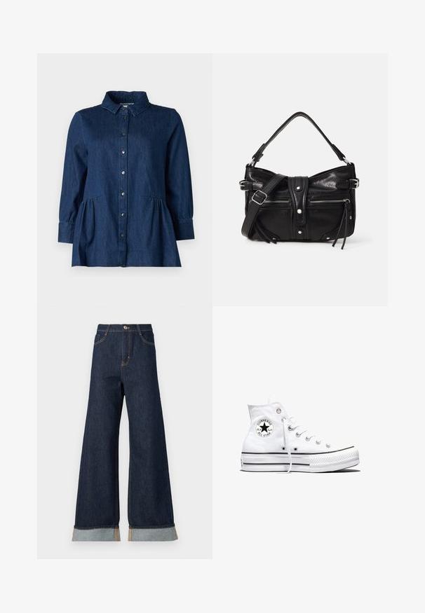 Mørk denimskjorte med krave, knaplukning foran, lange ærmer og indsamlede peplum-detaljer ved taljen. Glat tekstur og klassisk design.; Bredde ben mørk denim jeans med orange syninger, med høj talje, to forlommer og opbrettede manchetter, der viser et lysblåt kontraststof.; Hvid højtop Converse Chuck Taylor All Star-sneaker med sort logo-patch og hvide snørebånd, vist på hvid baggrund.; Even&Odd by Zalando H24462 - Håndtasker - black