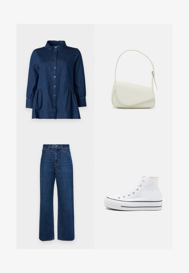 Chemise en denim foncé avec col, boutonnage sur le devant, manches longues et détails froncés style basque à la taille. Texture lisse et design classique.; Jean large bleu foncé en denim, avec une taille haute, un design à cinq poches et des coutures visibles le long des coutures.; Baskets montantes blanches en toile, semelle en caoutchouc noir et bande noire contrastante sur la semelle intermédiaire. Bout rond et design à lacets.; Sac à main en cuir synthétique blanc avec une forme triangulaire structurée, une bandoulière unique réglable et un rabat à courbes accentuées.