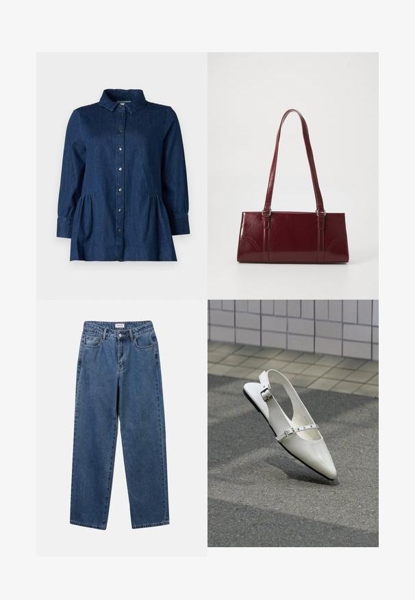 Mørk denimskjorte med krave, knaplukning foran, lange ærmer og indsamlede peplum-detaljer ved taljen. Glat tekstur og klassisk design.; Klassiske blå denimbukser med lige ben, fem lommer og knaplukning. Har en medium vask og en robust tekstur.; Hvid spids slingback flad sko med to sølvspænder, vist udendørs på tekstureret underlag og flisebelagt væg baggrund.; Bordeaux håndtaske lavet af glansfuldt materiale, rektangulær form, med to skulderremme og subtile buede detaljer på forsiden.