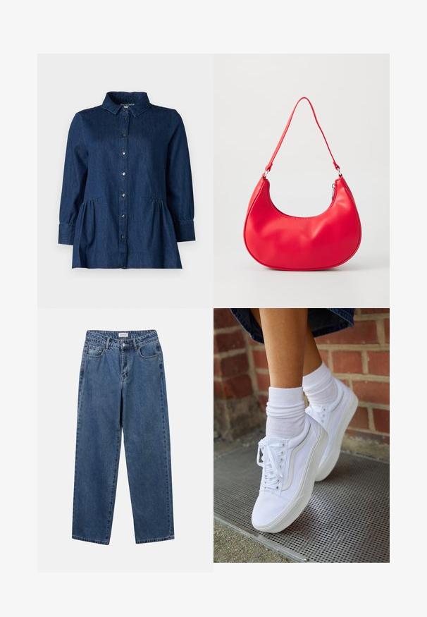 Chemise en denim foncé avec col, boutonnage sur le devant, manches longues et détails froncés style basque à la taille. Texture lisse et design classique.; Jean en denim bleu classique avec une coupe droite, cinq poches et une fermeture par bouton. Présente un lavage moyen et une texture robuste.; Baskets en toile blanches avec semelles en caoutchouc, dotées de six œillets, d'un bout rond et de détails de couture légers, portées avec des chaussettes blanches mi-mollet.; Sac à épaule en simili cuir rouge au design courbé, avec une bandoulière fine et une fermeture éclair. Texture lisse avec des détails de couture visibles.