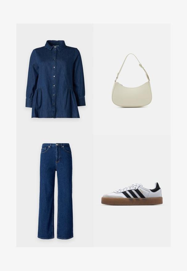 Mørk denimskjorte med krave, knaplukning foran, lange ærmer og indsamlede peplum-detaljer ved taljen. Glat tekstur og klassisk design.; Bredde ben denimjeans i mørkeblå, med et klassisk fem-lomme design, diskret syninger og en metalknaplukning ved taljen.; Hvide lædersneakers med sorte striber, gummirubber sål, rund tå, snørelukning og blød grå ruskinds tåhætte.; Pieces PCALUANA SHOULDER BAG - Håndtasker - birch