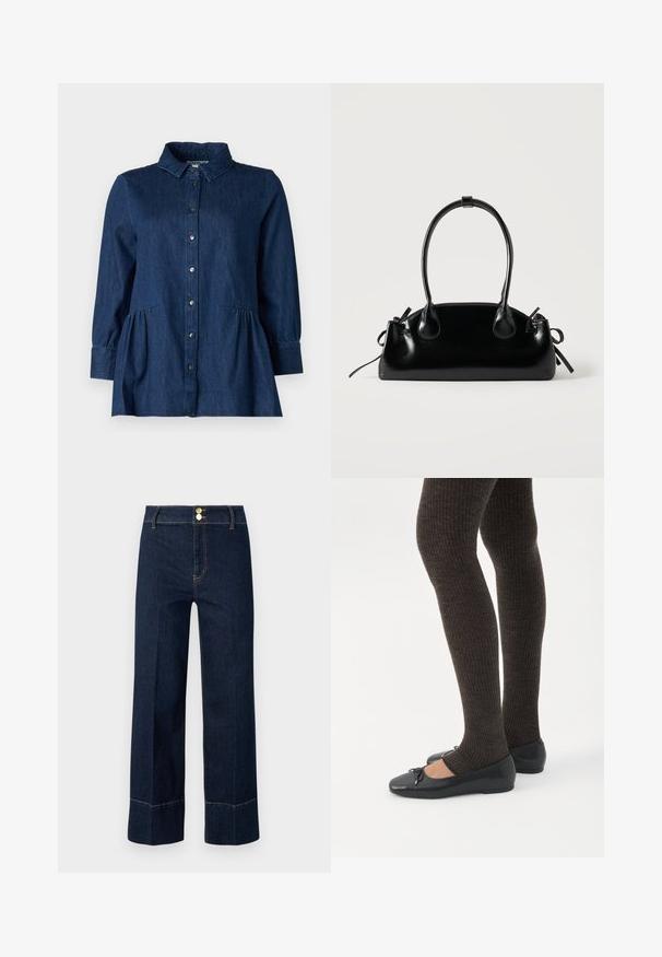 Chemise en denim foncé avec col, boutonnage sur le devant, manches longues et détails froncés style basque à la taille. Texture lisse et design classique.; Jeans taille haute large bleu marine avec double bouton doré et surpiqûres orange visibles sur un fond clair.; Jambes portant des leggings côtelés foncés associés à des ballerines noires avec de petits détails en nœud sur fond blanc.; Petit sac à main noir brillant avec deux longues anses et des détails à cordon sur les côtés sur un fond clair uni.