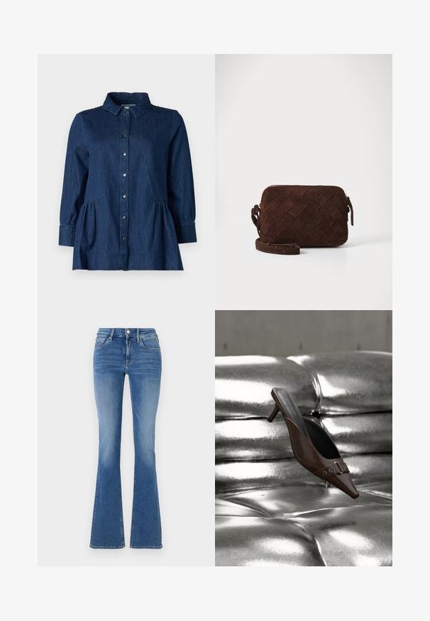 Mørk denimskjorte med krave, knaplukning foran, lange ærmer og indsamlede peplum-detaljer ved taljen. Glat tekstur og klassisk design.; Blå denim højtaljede jeans med forlommer, knap- og lynlåslukning samt flagrende ben.; Brun spids tå hæl mule med spænde detalje svævende over en skinnende sølv tuftet læderoverflade.; Brun ruskind crossbody taske med et vævet design, lynlåslukning og en justerbar rem. Har en slank, rektangulær form.