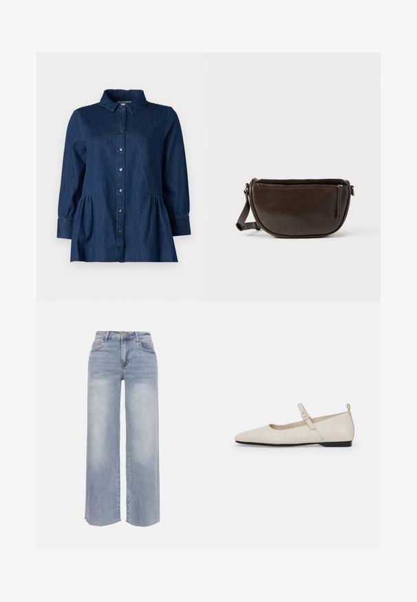 Chemise en denim foncé avec col, boutonnage sur le devant, manches longues et détails froncés style basque à la taille. Texture lisse et design classique.; Jean denim bleu clair à jambes larges avec poches avant, passants pour ceinture, fermeture par bouton et détails délavés sur les cuisses et les genoux.; Ballerines en cuir blanc avec bout pointu, bride à la cheville et petit talon noir. Texture lisse avec des accents minimaux.; Sac bandoulière en cuir marron avec une forme arrondie, doté d'une fermeture éclair supérieure et d'une poche latérale zippée. Texture lisse avec une finition mate.