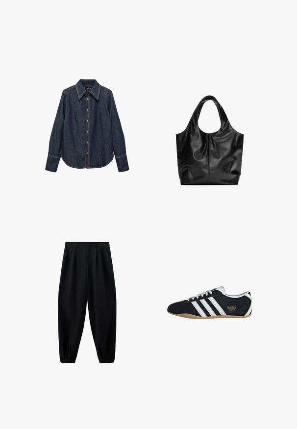 Chemise en denim foncé à boutons avec un col pointu, des manches longues et des coutures blanches visibles. Présente un ourlet arrondi et une coupe classique.; Pantalon noir taille haute effilé avec des plis à la taille et aux poignets, et des poches latérales, présenté sur fond blanc.; Sneakers en suede noir avec trois bandes blanches, logo doré et semelle en caoutchouc marron. Présente un design à lacets à profil bas.; Sac fourre-tout en cuir noir avec une texture lisse, un haut arrondi doux et de larges poignées. Présente une couture minimale et une silhouette décontractée.
