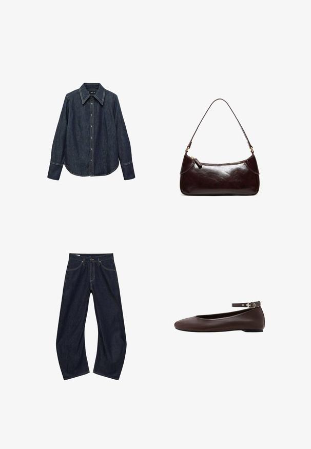 Chemise en denim foncé à boutons avec un col pointu, des manches longues et des coutures blanches visibles. Présente un ourlet arrondi et une coupe classique.; Jean denim bleu foncé à jambes larges avec poches avant, passants pour ceinture et fermeture bouton, posé à plat sur fond blanc.; Chaussure plate marron foncé avec bout arrondi et bride de cheville réglable avec boucle argentée sur fond blanc.; Sac à bandoulière en cuir marron foncé avec une seule sangle et une fermeture éclair, forme rectangulaire avec des bords arrondis sur fond blanc.