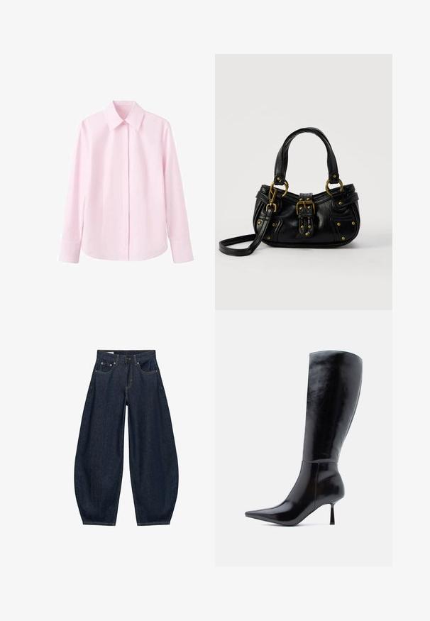 Chemise rose clair à manches longues avec col pointu, boutonnage sur le devant et texture douce. Coupe ajustée avec un ourlet droit et des manches retroussées.; Jean en denim bleu foncé à jambes larges avec poches avant, passants de ceinture et fermeture par bouton à la taille.; Bottes noires à talons aiguilles montantes, avec une finition en cuir brillant, un bout pointu et un talon effilé, présentant une surface lisse et un design élégant.; Sac à main en cuir noir avec boucle dorée et détails à rivets, poignées courtes et bandoulière réglable sur fond blanc uni.