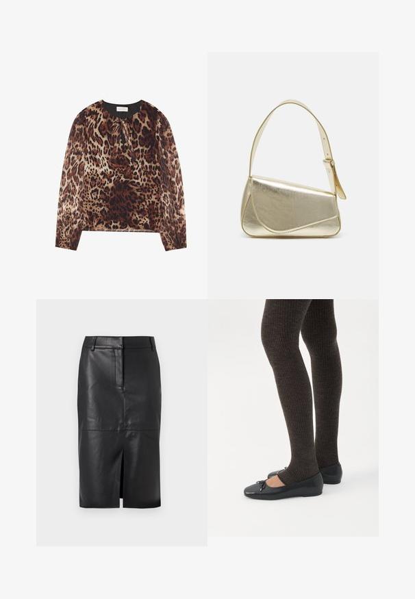 Blouse à imprimé léopard avec un col rond et un détail à nouer, dotée de longues manches transparentes. Le tissu a une texture légère et lisse.; Jupe crayon en cuir noir avec une fente avant, présentant une texture lisse, deux poches latérales et une silhouette ajustée.; Jambes portant des leggings côtelés foncés associés à des ballerines noires avec de petits détails en nœud sur fond blanc.; Sac à main en métal doré avec un design structuré, texture lisse et bandoulière ajustable. Présente une forme triangulaire unique et des coutures minimalistes.