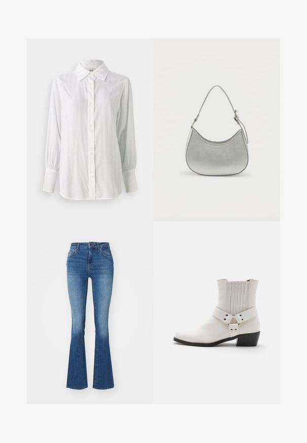 Chemise blanche à boutons, à rayures verticales, avec de longues manches bouffantes et un col classique. Comprend une rangée de cinq boutons sur le devant.; Jean flare taille haute en denim bleu clair, avec une texture lisse, une fermeture éclair avec un bouton et deux poches avant.; Bottine en cuir blanc avec un bout légèrement pointu, un détail froncé à l'arrière et une large sangle avec une boucle au niveau de la cheville.; Sac à main en simili cuir argenté avec une forme incurvée, une courte bandoulière ajustable et une texture lisse, présentant un minimum de détails de couture.
