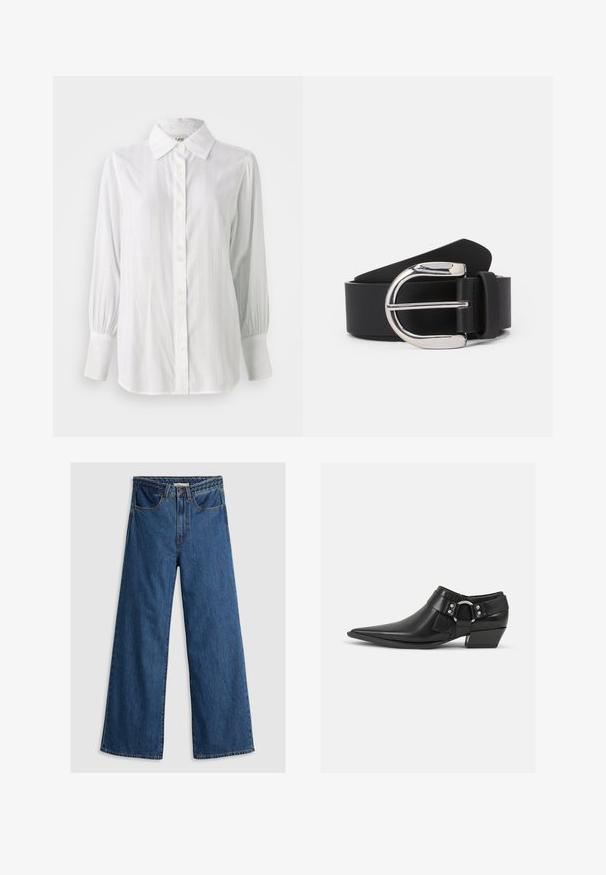 Witte blouse met verticale strepen, lange opgeblazen mouwen en een klassieke kraag. Voorzien van een rij van vijf knopen aan de voorkant.; Wijde blauwe denim jeans met een hoge taille, voorzien van een klassiek vijf-pocket ontwerp en een gestructureerde tailleband.; Zwarte leren enkellaarzen met een spitse neus, voorzien van een leren band aan de voorkant en een zilveren gesp detail, en een lage, blokhak.; Zwarte leren riem met een zilveren metalen gespan, met een gladde textuur en een klassiek ontwerp. De riem heeft een breedte van 3,8 cm.