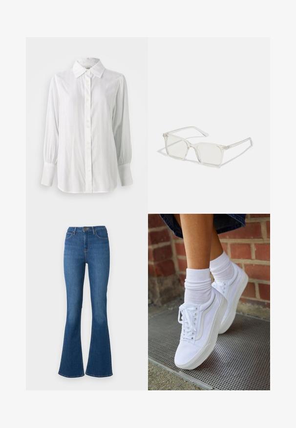Chemise blanche à boutons, à rayures verticales, avec de longues manches bouffantes et un col classique. Comprend une rangée de cinq boutons sur le devant.; Jean flare en denim bleu pour femme avec cinq poches, fermeture boutonnée et coutures visibles sur fond blanc.; Baskets en toile blanches avec semelles en caoutchouc, dotées de six œillets, d'un bout rond et de détails de couture légers, portées avec des chaussettes blanches mi-mollet.; Lunettes carrées en plastique transparent avec des verres translucides, dotées d'accents dorés sur les branches pour plus de détails.