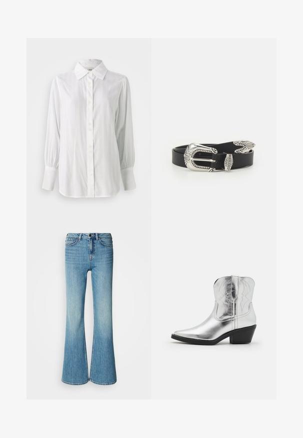 Witte blouse met verticale strepen, lange opgeblazen mouwen en een klassieke kraag. Voorzien van een rij van vijf knopen aan de voorkant.; Lichtblauwe uitlopende spijkerbroek van denim. Voorzien van een klassiek ontwerp met vijf zakken, knoopsluiting en een vervaagde afwerking aan de zoom.; Zilveren leren cowboylaarzen met een spitse neus, gestikte details op de schacht en een gematigde zwarte hak. Gladde en glanzende oppervlakte.; Zwarte leren riem met een grote zilveren metalen gesp met ingewikkelde details en decoratieve accenten aan beide uiteinden.