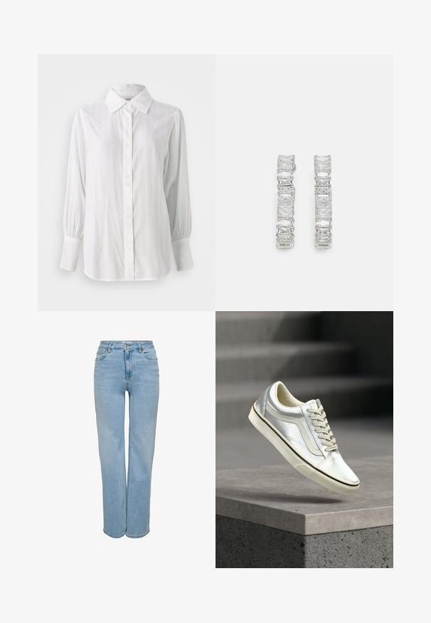 Camisa blanca de botones con rayas verticales, mangas largas abullonadas y cuello clásico. Presenta una fila de cinco botones en la parte delantera.; Vaqueros de mezclilla azul claro con cintura alta, diseño de pierna recta, cinco bolsillos y cierre frontal con botón. Textura suave con ligero desgaste.; Zapatilla plateada brillante de corte bajo con cordones blancos y suela blanca, flotando sobre un borde de concreto con escaleras desenfocadas en el fondo.; Pendientes de plata con una fila de piedras rectangulares transparentes, dispuestas en una línea recta con un acabado pulido.