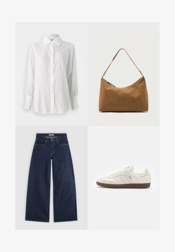 Witte blouse met verticale strepen, lange opgeblazen mouwen en een klassieke kraag. Voorzien van een rij van vijf knopen aan de voorkant.; Donkerblauwe wijde spijkerbroek met voorzakken, riemlussen en knoopsluiting, plat gelegd op een lichte achtergrond.; Witte leren sneakers met roze accentstrepen, een rubberen bruine zool en een suède neuskap. Voorzien van veters en een merklabel op de tong.; Bruine suède schoudertas met een enkele band en een ritssluiting aan de bovenkant, gepresenteerd tegen een effen witte achtergrond.