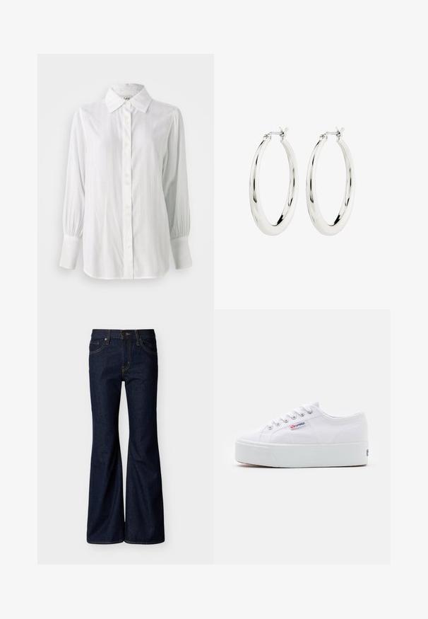 Witte blouse met verticale strepen, lange opgeblazen mouwen en een klassieke kraag. Voorzien van een rij van vijf knopen aan de voorkant.; Donkerblauwe spijkerbroek met uitlopende pijpen, voorste knoop- en ritssluiting en een ontwerp met vijf zakken met contrasterende stiksels.; Witte canvas sneaker met een dikke witte platformzool, ronde neus en metalen oogjes voor veters. Merkl logo aan de zijkant weergegeven.; Zilveren oorbellen in de vorm van een gladde, glanzende ring. Circulaire vorm, voorzien van een veilige sluiting. Eenvoudig en elegant ontwerp.