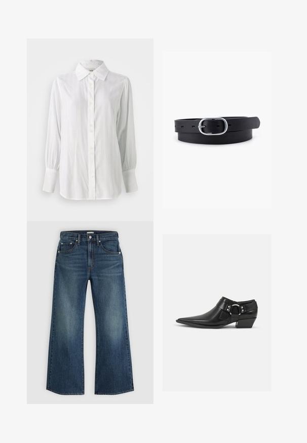 Weißes Button-Down-Hemd mit vertikalen Streifen, langen Puffärmeln und klassischem Kragen. Verfügt über eine Reihe von fünf Knöpfen auf der Vorderseite.; Blaue Denim-Jeans mit hoher Taille, weiten geraden Beinen, Vordertaschen und Knopfverschluss, gezeigt vor einem schlichten hellen Hintergrund.; Schwarze Leder-Ankle-Boots mit spitzem Zeh, ausgestattet mit einem vorderen Leder-Riemen und einem silbernen Schnallendetail sowie einem niedrigen Blockabsatz.; Schwarzer Leder Gürtel mit glatter Textur, ovaler silberner Metallschnalle und mehreren Einstelllöchern entlang des Riemens. Flaches, minimalistisches Design.