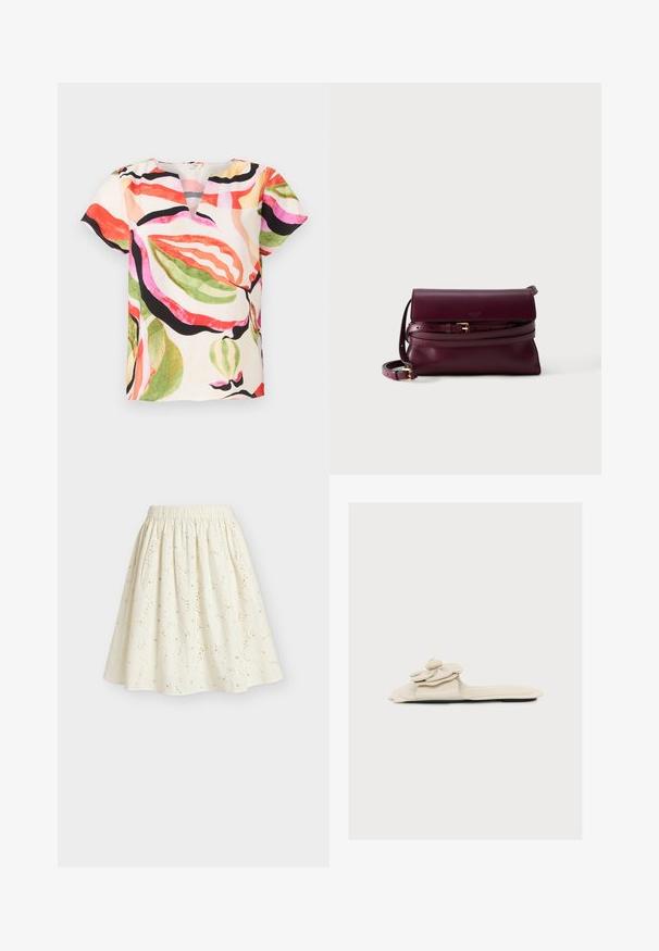 Blouse à manches courtes en tissu léger, avec un col en V et un motif de feuilles coloré dans des teintes de rose, rouge, vert et noir.; Jupe trapèze couleur crème avec taille élastique froncée et motif floral brodé en jours tout au long du tissu.; Sandale plate beige à enfiler avec une fleur décorative nouée sur la large bande et une semelle noire.; Sac bandoulière en cuir bordeaux foncé avec fermeture à rabat et sangle réglable avec détail boucle dorée.