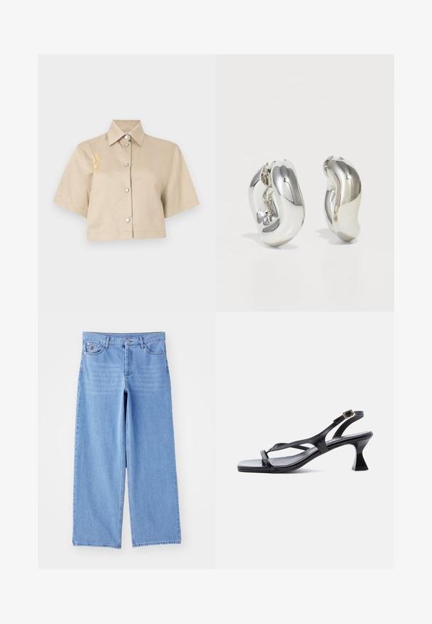 Beige Kurzarmhemd mit Knopfleiste und silbernen Knöpfen. Auf der linken Seite befindet sich ein gelbes gesticktes Detail.; Hellblaue weit geschnittene Jeans aus Denim, mit einem klassischen Fünf-Taschen-Design und einem Knopfverschluss. Glatte Textur, ausgefranster Saum.; Schwarze Ledersandale für Damen mit dünnen Riemen, quadratischer Spitze, verstellbarer Schnalle am Knöchel und ausgestelltem, mittelhohem Absatz.; Silberne skulpturale Ohrringe mit glatten, geschwungenen Formen und reflektierenden Oberflächen. Sie verfügen über ein geschlossenes Ringdesign und eine ausgeprägte organische Form.