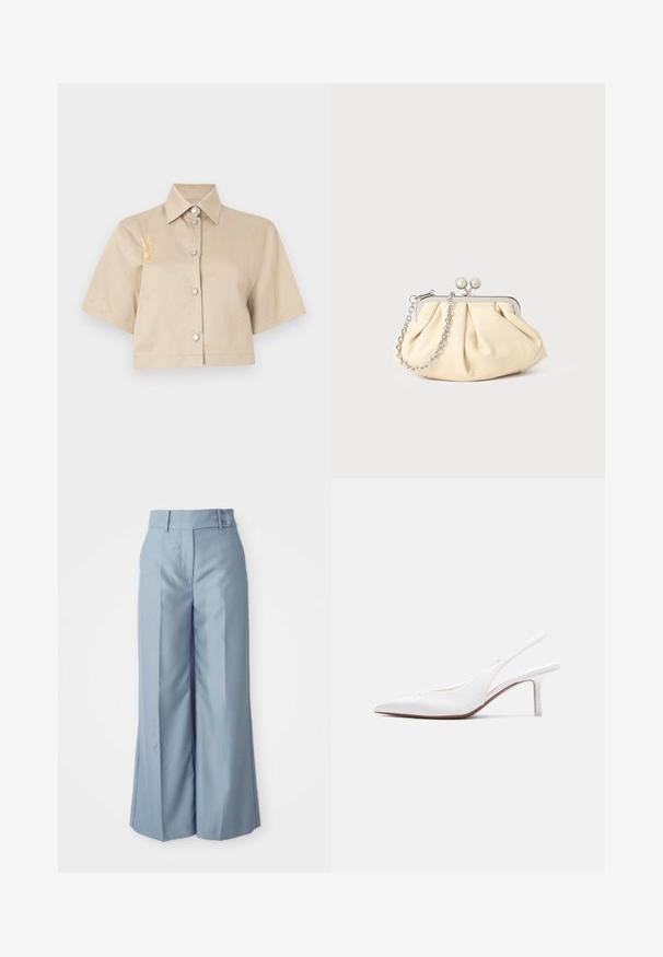 Beige Kurzarmhemd mit Knopfleiste und silbernen Knöpfen. Auf der linken Seite befindet sich ein gelbes gesticktes Detail.; Helle blaue weite Hosen aus glattem Stoff mit hoher Taille, zwei vorderen Knöpfen und gepressten Nähten für einen maßgeschneiderten Look.; Damen-Slingback-Schuh aus weißem Leder mit spitzer Spitze, niedrigem Kitten-Heel und kleiner dekorativer Schleife oben, seitlich dargestellt.; Faltige beigefarbene Ledertasche mit einem silbernen Metallrahmen, ausgestattet mit zwei runden dekorativen Verschlüssen und einem silbernen Kettenriemen.