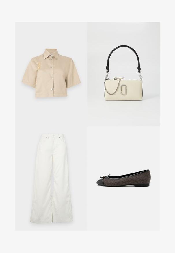 Afskåret beige skjorte med korte ærmer, knaplukning foran og sølvknapper. Har en gul broderet detalje på venstre side.; Bredde bukser i struktureret hvidt stof med et subtilt bølgemønster, der har forlommer og metalliske knapdetaljer.; Brun mønstret flad sko med sort tåkap, lav hæl og lille sløjfedetalje foran, set fra siden på hvid baggrund.; Cremefarvet håndtaske med sort håndtag, sølv kædedetalje og et fremtrædende logo på forsiden. Glat tekstur og lynlåslukning.