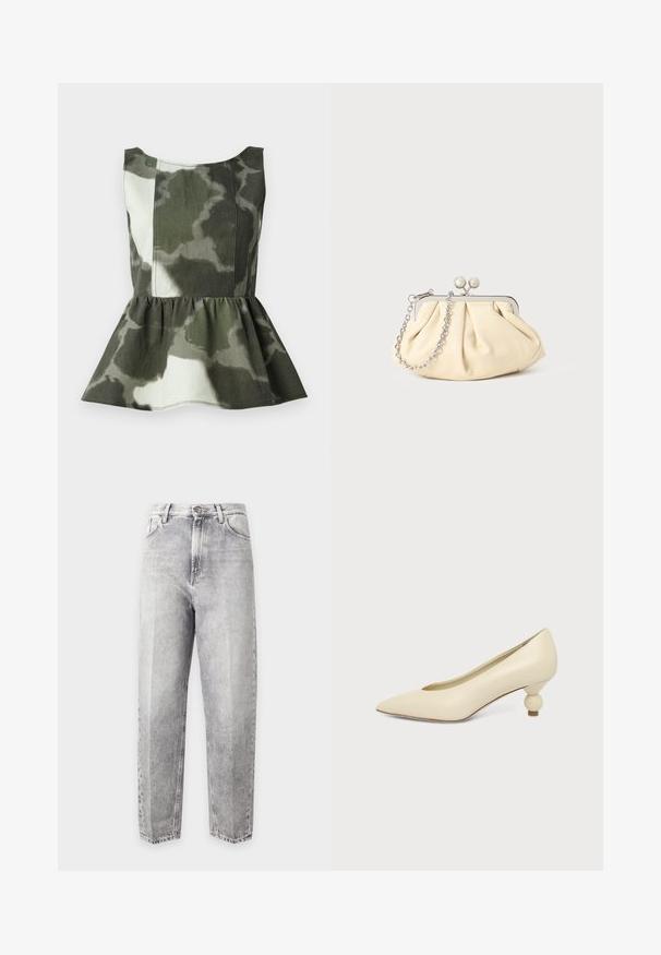 Top peplum en tissu à motif camouflage dans des teintes vertes et beiges, avec un corsage ajusté et un ourlet froncé évasé.; Jean taille haute, coupe droite en lavage pierre gris clair avec bouton devant, fermeture éclair et design cinq poches.; Chaussure femme couleur crème à bout pointu avec un petit talon rond en forme de boule, sur fond uni.; Pochette en cuir beige plissé avec un cadre en métal argenté, dotée de deux fermoirs ronds décoratifs et d'une chaîne en argent.