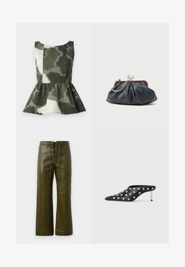 Peplum top vyrobený z látky s kamuflážnym vzorom v zelených a béžových tónoch, s priliehavým telom a rozšíreným volánovým lemom.; Olivovo zelené kožené široké nohavice s textúrovaným povrchom, s šnurovaním vpredu a pevným čiernym kovovým príslušenstvom.; STAND STUDIO KELSEY - Šľapky na opätku - black; Tmavomodré kožené spojko so zdobeným dizajnom, strieborným reťazovým remienkom a zapínaním na klip. Hladká textúra s jemným leskom.