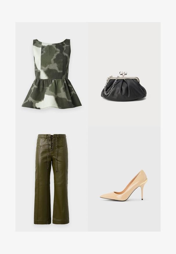 Top peplum en tissu à motif camouflage dans des teintes vertes et beiges, avec un corsage ajusté et un ourlet froncé évasé.; Pantalons larges en cuir vert olive avec une finition texturée, dotés d'un devant à lacets et de solides accents en métal noir.; Escarpin à talon haut en cuir verni beige avec bout pointu et talon aiguille fin, orné d'un petit accent doré à l'arrière.; Porte-monnaie en cuir noir avec texture froncée, cadre en métal argenté, fermeture à verrouillage kiss-lock et bandoulière en chaîne. Surface lisse et douce.