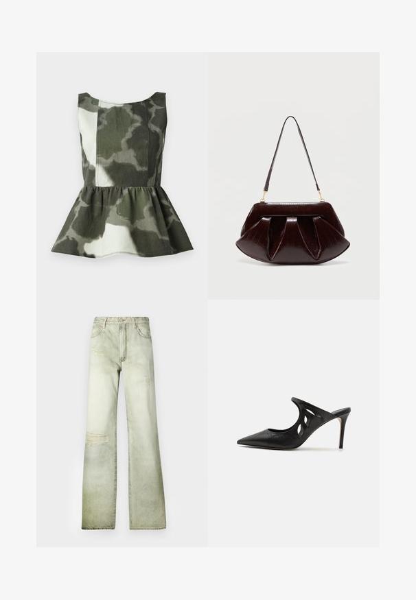 Peplum top vyrobený z látky s kamuflážnym vzorom v zelených a béžových tónoch, s priliehavým telom a rozšíreným volánovým lemom.; Vyblednuté zelené džíny s vysokým pásom, širokým strihom a dierami. Obsahujú zapínanie na gombík a päť vreciek.; Čierne kožené vysoké špičaté papuče s výrezmi po stranách a hladkou textúrou. Stiletto podpätok a jemný steh.; Tmavohnedá kožená kabelka so zhrnutými záhybmi, zlatými kovaniami a jedným ramenným popruhom na jednoduchom svetlom pozadí.