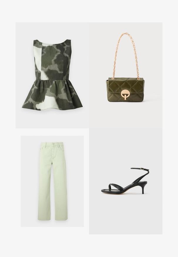 Top peplum en tissu à motif camouflage dans des teintes vertes et beiges, avec un corsage ajusté et un ourlet froncé évasé.; Jean vert clair taille haute, jambes droites, avec bouton devant, fermeture éclair, passants de ceinture et design cinq poches.; Sandale pour femme en cuir noir avec fines lanières, une boucle d'orteil, une boucle à la cheville et un talon aiguille de hauteur moyenne sur un fond neutre.; Petit sac à main en cuir vert olive matelassé avec anse chaîne dorée et fermoir circulaire doré sur le rabat avant.