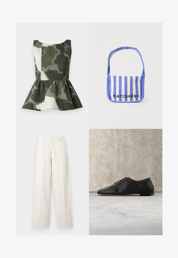 Peplum-top lavet af camouflagemønstret stof i grønne og beige nuancer, med en tætsiddende overdel og en fladret, rynket kant.; Off-white bukser med vidde i benene, bæltestropper, frontknap, lynlås og sidelommer, vist på en ensfarvet lys baggrund.; Sort læder-fladsko med snørebånd, rundet tå og lav hæl, vist i højre sideprofil på en lys baggrund.; Blå og hvide lodrette stribede skuldertaske af stof med teksten "marimekko" broderet i sort på forsiden.