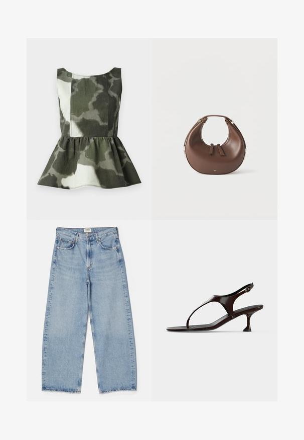 Top peplum en tissu à motif camouflage dans des teintes vertes et beiges, avec un corsage ajusté et un ourlet froncé évasé.; Agolde Jean baggy - light-blue denim; Sandale slingback en cuir verni marron foncé avec petit talon et bride entre les orteils sur fond blanc.; Sac à main en cuir marron en forme de croissant avec une poignée supérieure et deux curseurs de fermeture éclair, sur fond blanc.